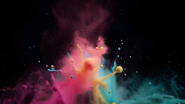 Bright lightbulb exploding with colorful powder energy and sparks on dark background for innovation and creativity concept