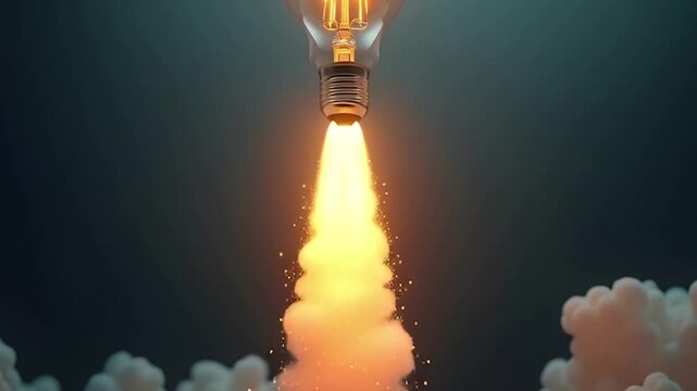 Bright lightbulb exploding with ideas and innovation in dark creative space with smoke and sparks