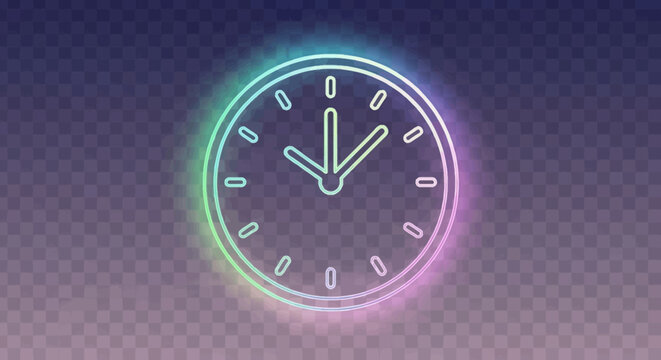 Vibrant neon glowing clock icon on a futuristic gradient background representing modern