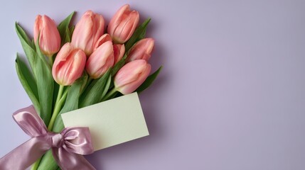 Fototapeta premium Lavender backdrop with tulip bouquet