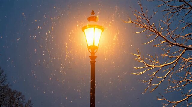 Snowy night street lamp with bare branches