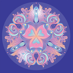 Sacred geometry symbol with all seeing eye in acid colors. Mystic, alchemy, occult concept. Design for indie music cover, t-shirt print, psychedelic poster, flyer. Astrology, esoteric, religion.