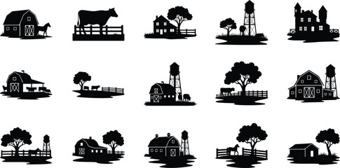 Farm silhouette collection, rural barn houses livestock trees water tower scenes, countryside agriculture landscape, black vector illustration set © Clipart Galaxy