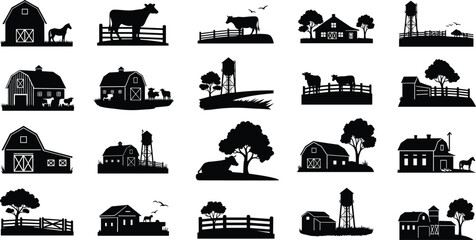 Farm silhouette mega collection, rural barns livestock fences trees water towers, countryside agriculture scenes, black vector illustration set © Clipart Galaxy