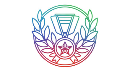 Naklejka premium Vibrant Rainbow Gradient Outline Medal with Laurel Wreath Achievement Icon Award Symbol Line Art