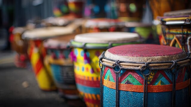 Vibrant Handcrafted Ethnic Drums: Close-up of richly decorated traditional percussion instruments with shallow depth of field and tribal patterns.