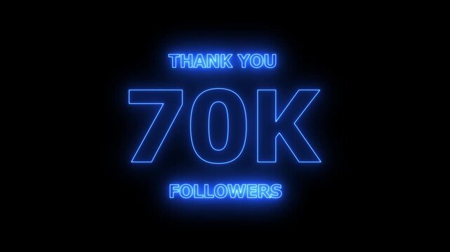 Thank you 70K followers. 70,000 followers realistic neon sign on the black background animation. confetti party effects, social media milestone motion graphics animation.