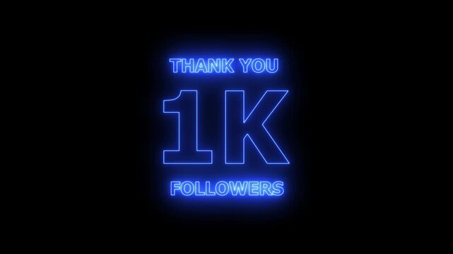 Thank you 1K followers. 1,000 followers realistic neon sign on the black background animation. confetti party effects, social media milestone motion graphics animation.
