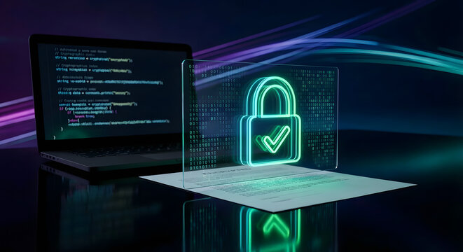 cyber security and data encryption concept with glowing neon padlock icon on glass screen over laptop computer for internet safety privacy and network protection software