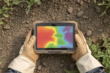 Hands holding tablet with soil analysis data on farmland. Precision agriculture technology