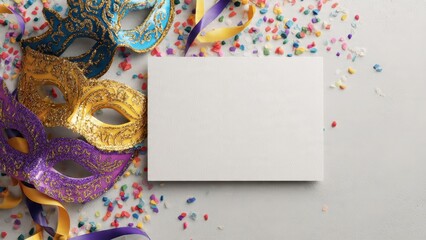 Obraz premium Vibrant Mardi Gras Masks and Colorful Confetti with Blank Card Mockup for Invitation or Greeting
