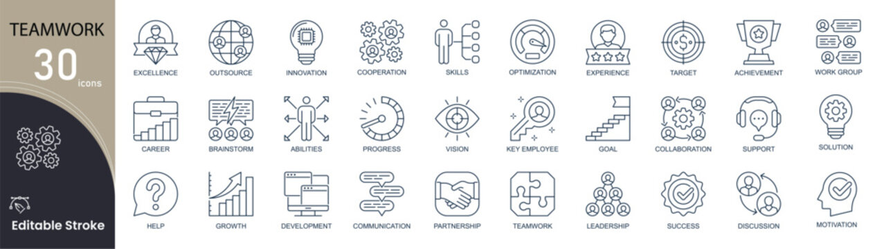  Teamwork related line icons set. Bundle of team, planning, connection, cooperation, optimization, brainstorm, achievement and other. Editable stroke.