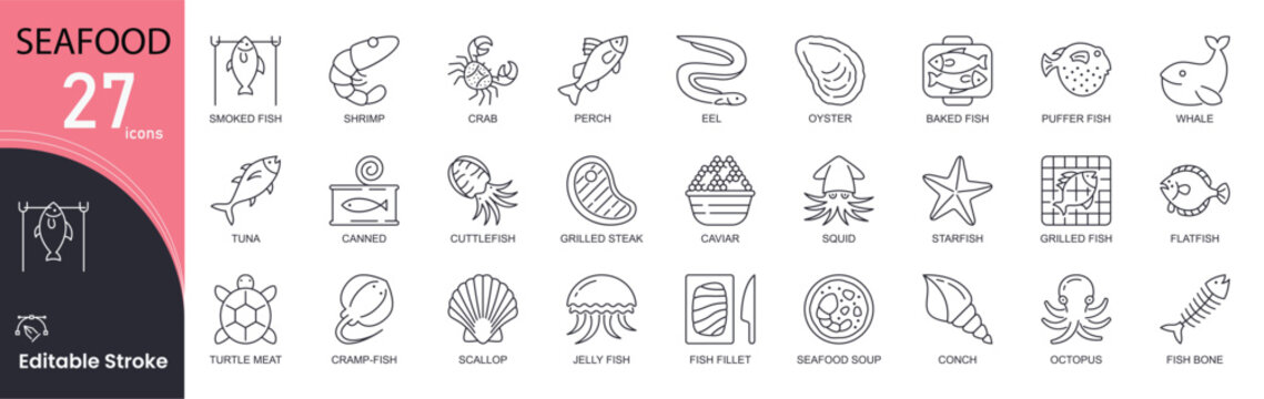 Seafood concept simple line icons set. Pack outline pictograms of mussel, fish steak, sardine, lobster, shrimp, crab, whale, tuna, starfish and other. Editable stroke . 