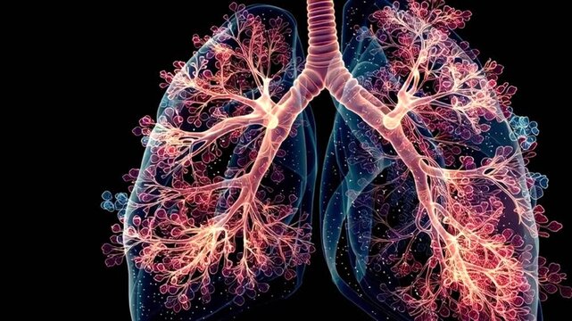 Anatomical animation showing the process of human respiration with lungs filling up and contracting, visualizing the bronchi, bronchioles, and alveoli involved in oxygen and carbon dioxide exchange