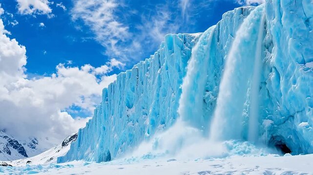 Frozen waterfall in snowy mountain landscape