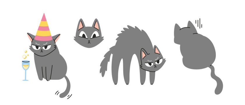 Set of funny angry gray cat characters showing rage, irritation and grumpy emotions, meme style concept. Trendy modern vector illustration isolated on white background, hand drawn, flat design