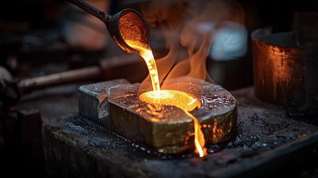 Molten gold pouring into casting mold during jewelry manufacturing process with glowing liquid metal and intense heat in workshop environment