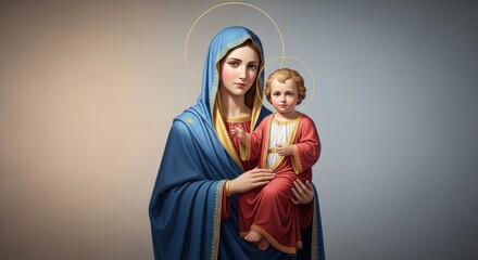 Fototapeta premium Virgin Mary Holding Baby Jesus with Golden Halo, Renaissance Style Sacred Realism, 8K Artwork
