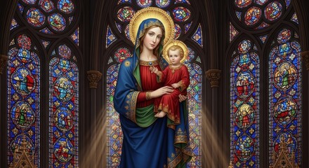 Obraz premium Virgin Mary Holding Baby Jesus with Golden Halo, Renaissance Style Sacred Realism, 8K Artwork