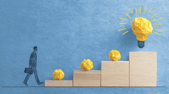 Conceptual image of a businessman climbing steps towards a glowing crumpled paper light bulb, representing new ideas, innovation, and career progress.