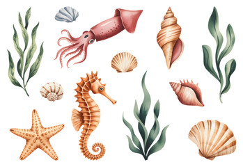 Hand paint Watercolor Ocean Elements: Starfish, Shells, and Seaweed Illustration Set. Mermaid clip art for invitations or greeting cards. © Songrami