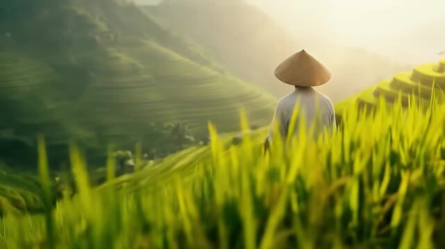 A person wearing a traditional conical hat sits amidst lush green rice terraces, gazing out over a misty, sun-drenched valley at dawn.