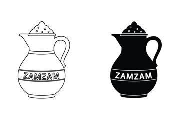 Zamzam water pitcher set holy islamic vector illustration flat design minimalist black white graphic