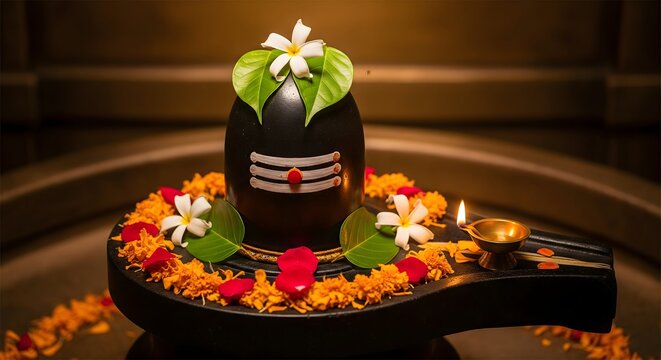 Maha Shivratri Shivling Decoration with Marigold Garlands and Temple Lights