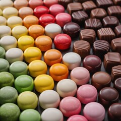 Color‑coordinated candy assortment arranged in neat rows, with glossy round sweets and textured chocolates forming a vibrant sweet display on a clean surface.