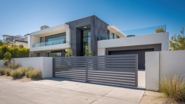 Modern luxury house with contemporary architectural design and a sleek grey sliding gate