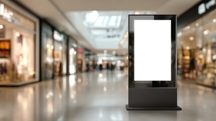 Blank digital signage kiosk or totem display mockup in a blurred shopping mall interior for advertisement copy space