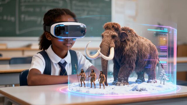 Woman Interacts With Virtual Prehistoric Animals During Science Lesson