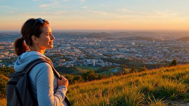 Woman overlooking city from hillside