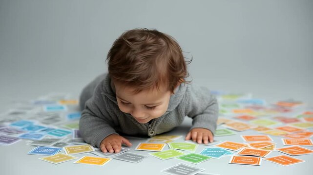 A cheerful toddler in a gray sweater lies on a floor covered in colorful educational cards, smiling brightly at the camera.