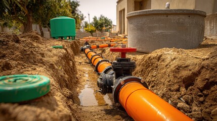 Installation of underground water supply infrastructure with orange pipes and control valve in a dirt trench