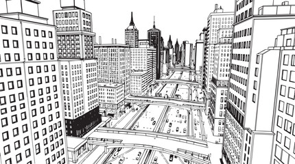 Obraz premium City landscape. Different buildings on street, outline cityscape hand sketch, flat houses. Hand drawn vector illustration