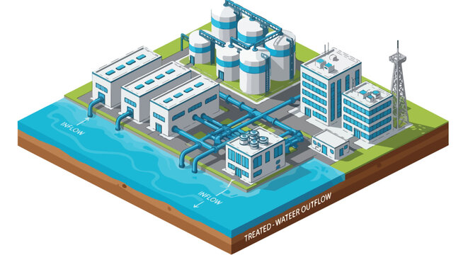 Isometric illustration of a modern urban wastewater treatment plant with industrial buildings and facilities near a body of water