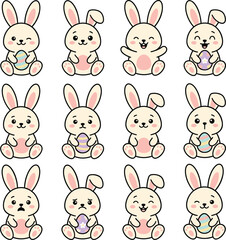  Cute Easter Bunny Characters Holding Colorful Eggs With Sweet Expressions For Spring Holiday Design