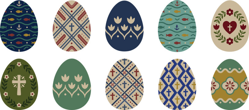 Christian Easter Egg Ornament Set With Cross Fish Heart And Floral Symbols In Elegant Flat Style