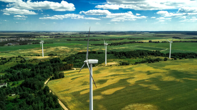 Windmills for electric power production aerial view