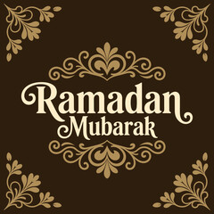 Ramadan mubarak greeting card with golden floral designs and dark brown background