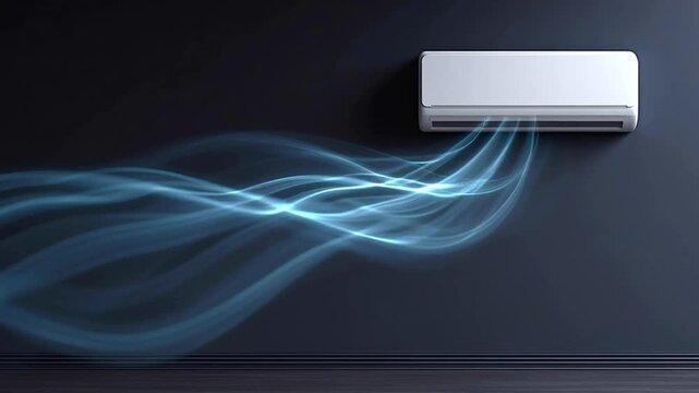 Modern air conditioner unit on a dark wall blowing cold, fresh air streams, illustrating the concept of home climate control, cooling technology, and indoor air purification and circulation