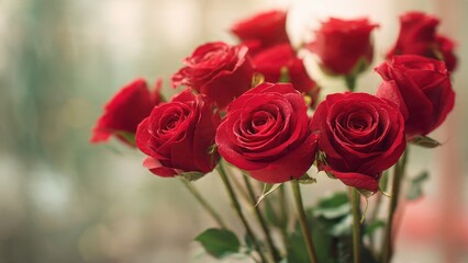 Close-up of beautiful red roses bouquet with morning dew drops and soft light bokeh background.