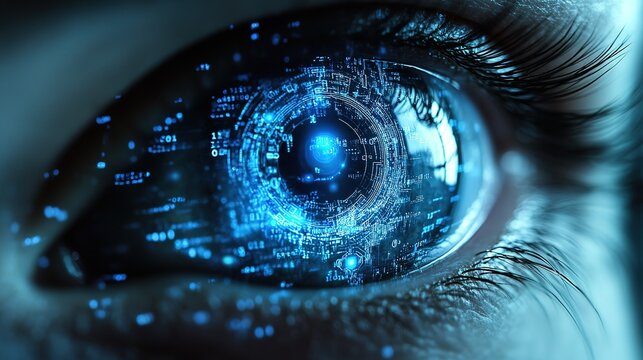 Close - up of Human Eye with Digital Code Pattern in Iris, Symbolizing Tech and Vision