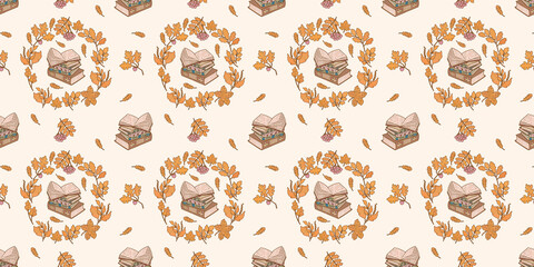 Yellow autumn leaves and old books on a white background. Deciduous geometric round seamless pattern. Reading, school literature, library, bookstore hand-drawn wallpaper.