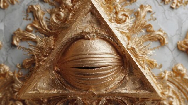A gold triangle with a large eye in the middle. The eye is blue and has a gold frame