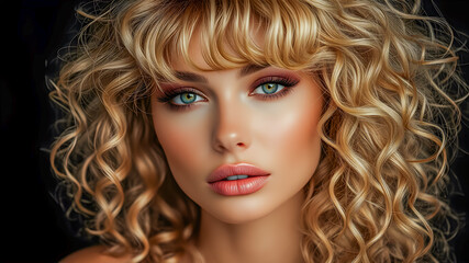 Fototapeta premium Gorgeous closeup portrait of blonde woman. Sexy curly hair smooth skin natural makeup skincare facial concept beauty model professional studio photography black background lifestyle aesthetic wellness