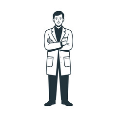 A scientist in a lab coat stands with crossed arms, representing medical research and discovery.