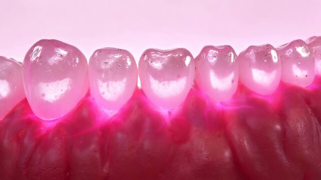 Dental illumination process shows pink curing light on tooth composite bonding application