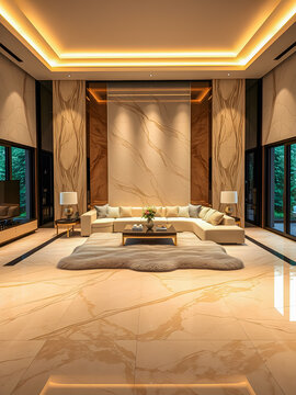 Modern elegant luxury house living room warm led lights bright beige white walls interior premium lifestyle trees forest background wallpaper ai generated